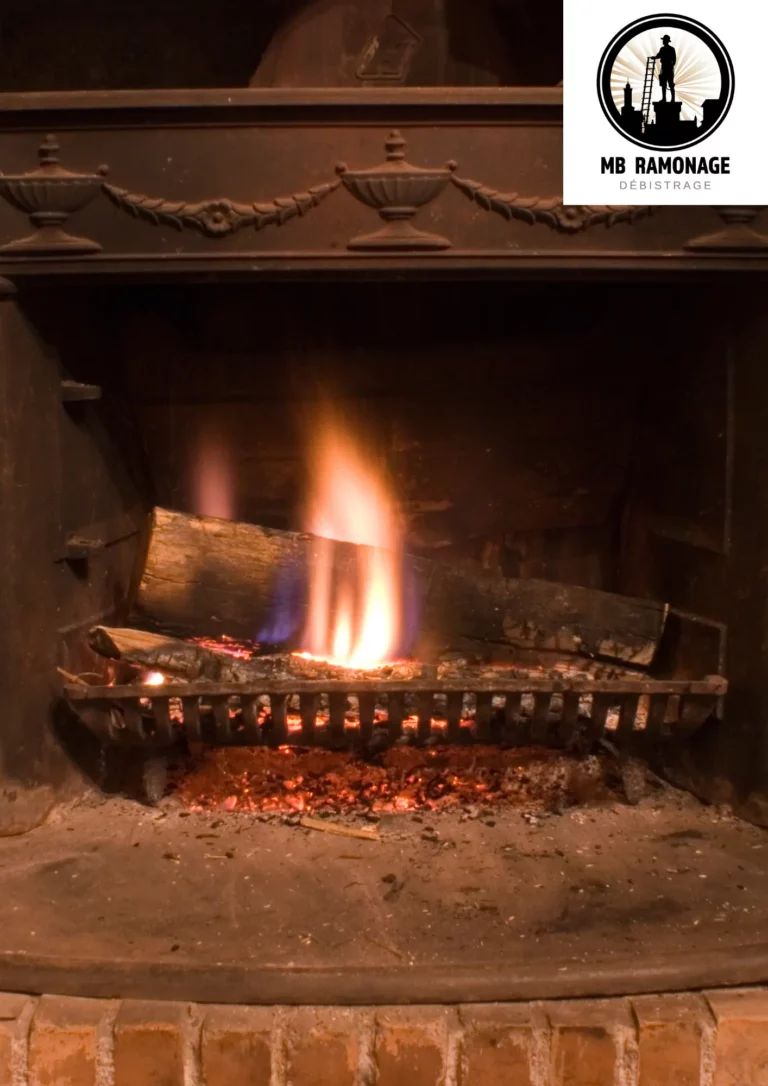 Un foyer sans insert en action avec des buches de bois en feu