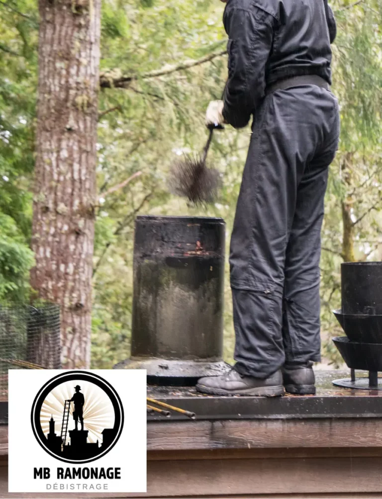 Vue d'un employé sur le toit avec la brosse prête à descendre dans le conduit de la cheminée